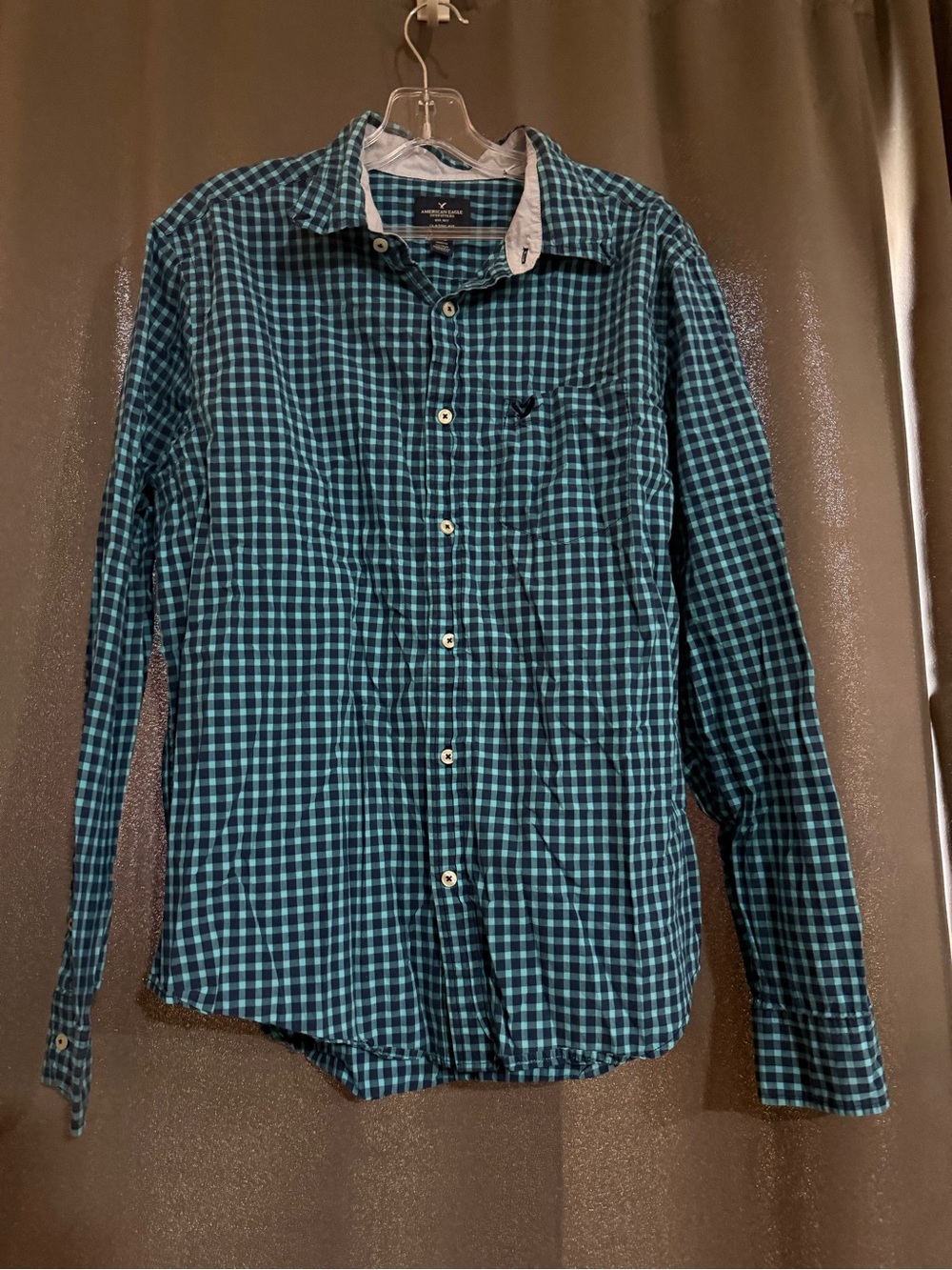 American Eagle Men's Teal Check Long-Sleeve Button-Up Shirt